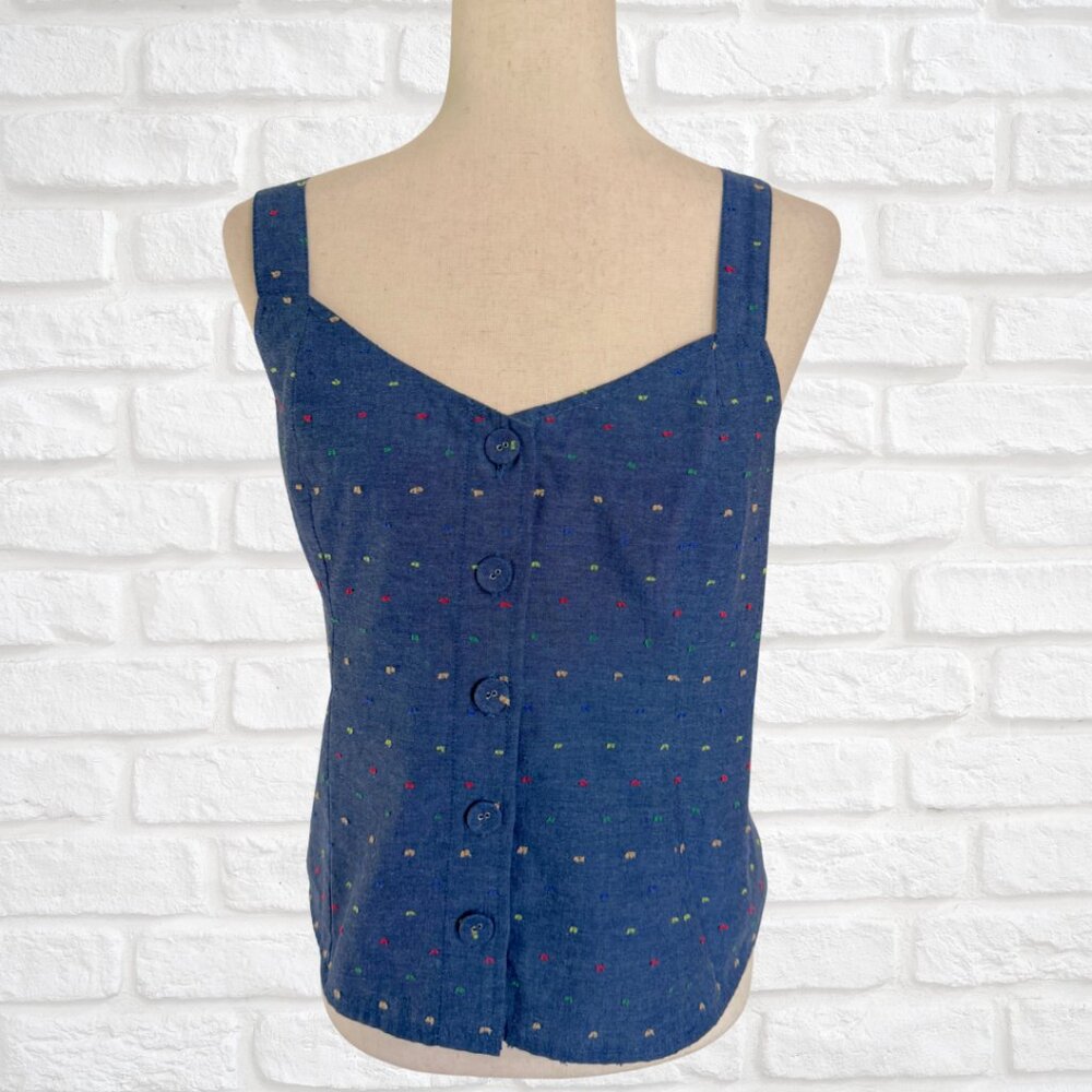 Modcloth Size Large Blue Button Front Tank Top Colorful Polka Dots Swiss Dots
